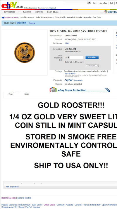 str8updill eBay Listing Using our 2005 Quarter Ounce Australian Gold Rooster Reverse Photograph